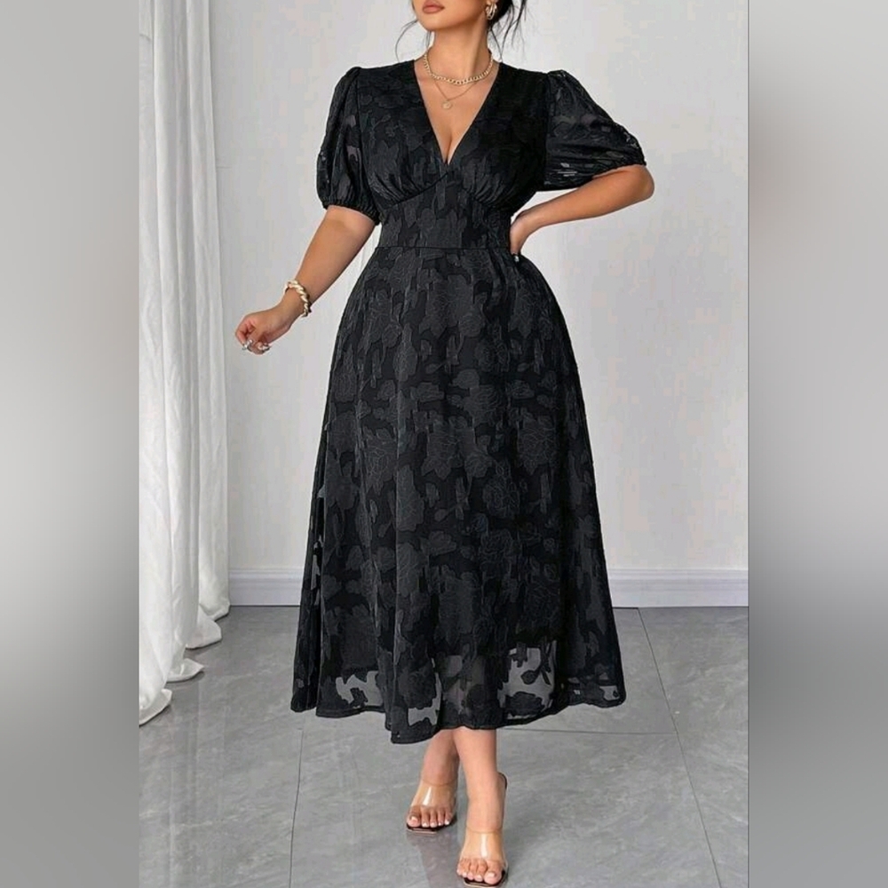 New Chic Sheer Textured Lace Puffed Sleeve Midi Dress PLUS Black